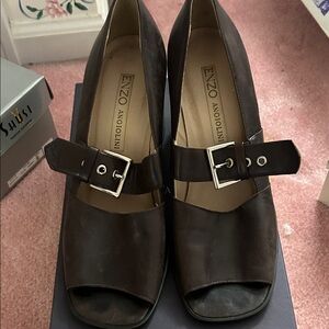Enzo Angiolini Chocolate Buckle Peep Toe Heels